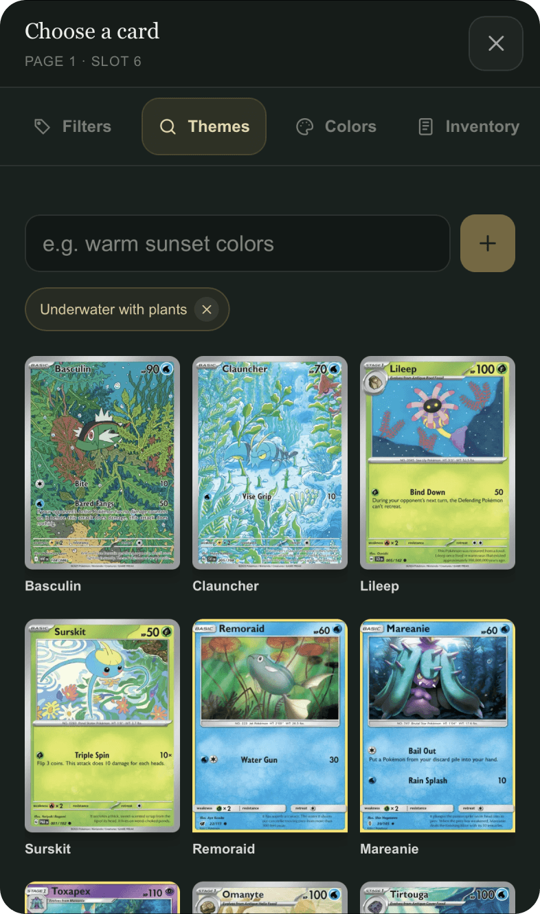 OBi mobile theme search showing an underwater theme and visually matched cards.